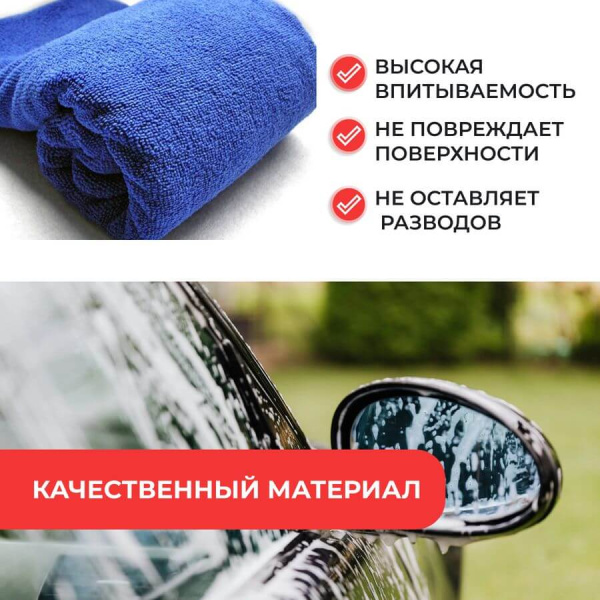 Двусторонняя салфетка из микрофибры для уборки авто и дома, 40х40см, плотность 420 гр/м.кв, синяя