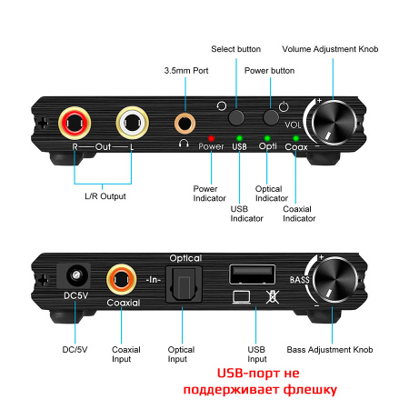 Адаптер - переходник, аудио-преобразователь PRO с оптики (Toslink/SPDIF) на jack 3.5mm (AUX), RCA, c USB для ПК или ноутбука, черный
