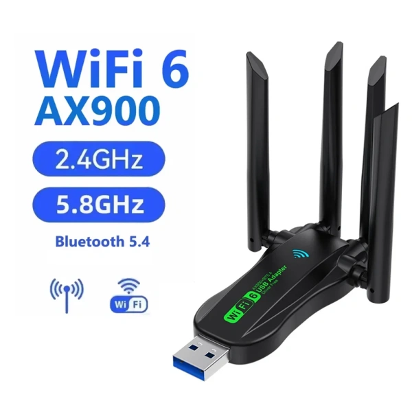 Адаптер - беспроводной приемник USB3.0 Wi-Fi6 + Bluetooth 5.4, до 900 Мбит/с, 4 антенны, двухдиапазонный - 2.4GHz/5.8GHz  (Free Driver)