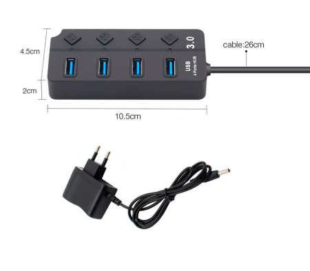 Хаб - концентратор USB3.0 - 4х USB3.0, MOD01 вертикальный с кнопками, активный, черный