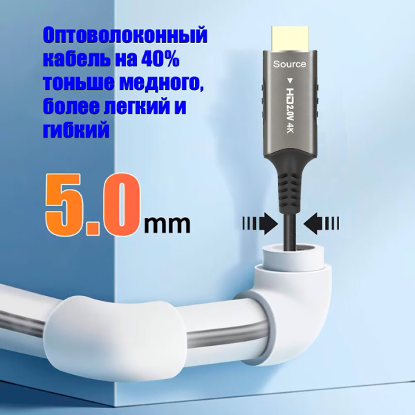 Кабель оптический HDMI v2.0 Optical UltraHD 4K 60Гц, поддержка HDR, ARC, 18 Гбит/с, 20 метров, черный