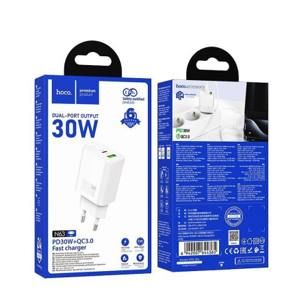 Зарядное устройство сетевое - блок питания HOCO N63, USB Type-C PD30W + USB QC3.0, белый