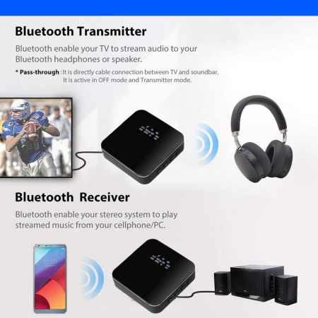 Универсальный аудио адаптер RX/TX Bluetooth v5.0 - оптика (Toslink/SPDIF) - jack 3.5mm (AUX), черный