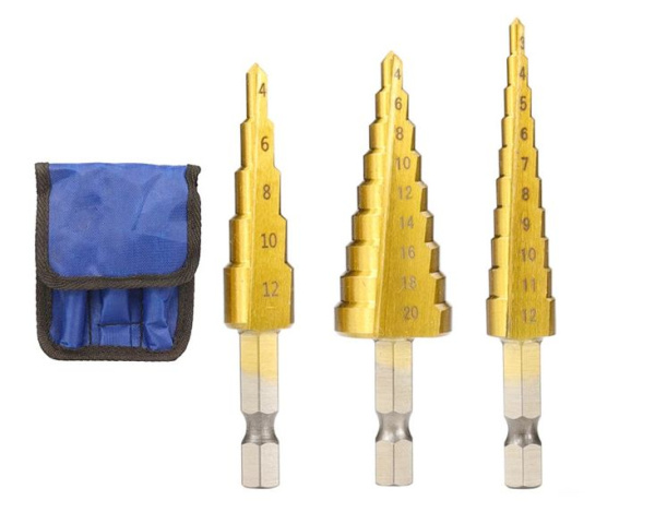 Набор ступенчатых сверл 3-12, 4-12, 4-20 мм с титановым покрытием по металлу, 3 штуки, золотой