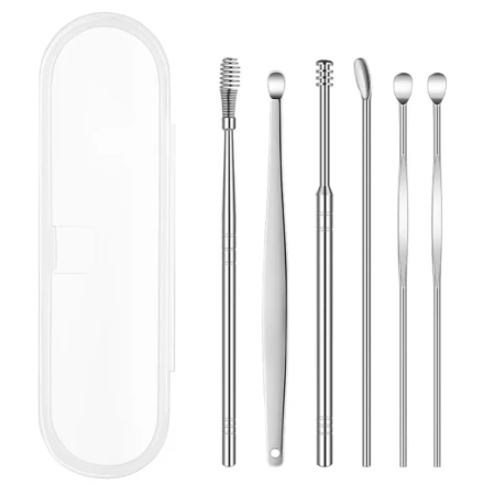 Набор инструментов для чистки ушей - ушные палочки - металлическая ухочистка MOD03, нержавеющая сталь, 6 штук