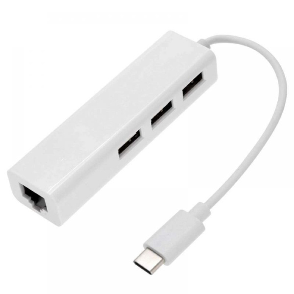 Адаптер - переходник - хаб USB3.1 Type-C на 3x USB2.0 - RJ45 (LAN) до 100 Мбит/с, белый