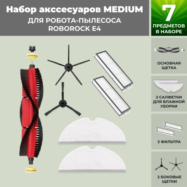 Набор аксессуаров Medium для робота-пылесоса Roborock E4, основная щетка с роликами, черные боковые щетки