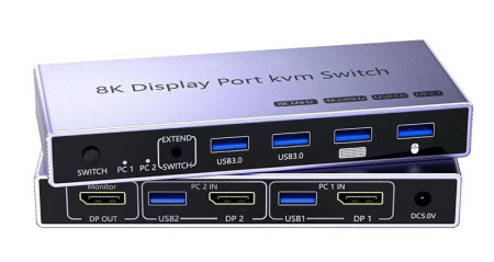 Адаптер - 2-х портовый KVM-переключатель DisplayPort v1.4 – 8K 60Гц / 4K 240Гц, USB3.0, HDR, алюминий