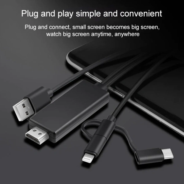 Кабель HDMI - MicroUSB - USB3.1 Type-C - Lightning для подключения смартфона к телевизору, 1,8 метра, черный