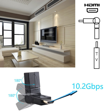 Адаптер - переходник HDMI - HDMI, угловой с поворотом до 180 градусов, папа-мама, черный