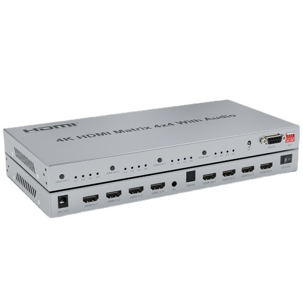 Матричный коммутатор - свитч-сплиттер 4×4 HDMI 4K, jack 3.5mm, SPDIF/Toslink, RS232, EDID, пульт ДУ