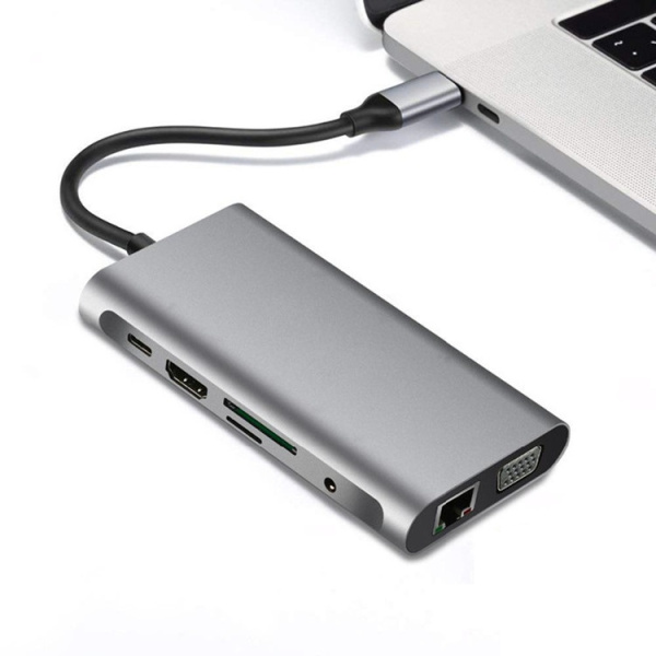 Адаптер - переходник - хаб 8in1 USB3.1 Type-C на HDMI - VGA - 3x USB3.0 - RJ45 (LAN) до 1000 Мбит/с - jack 3.5mm (AUX) - картридер SD, серый