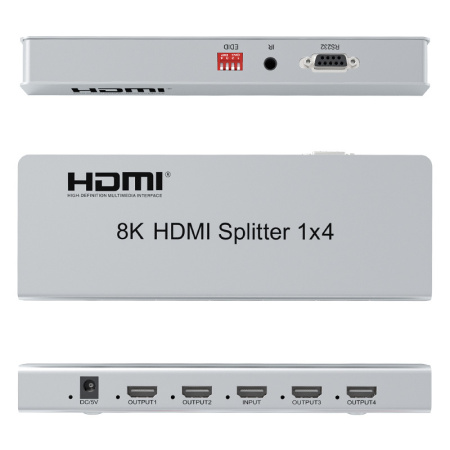 Cплиттер - разветвитель 1×4 HDMI UltraHD 8K 60Гц / 4K 120Гц, до 40 Гбит/c, поддержка HDCP2.3 / EDID / RS232