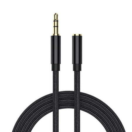 Кабель jack 3.5mm (AUX), папа-мама, 0,5 метра, ткань, черный