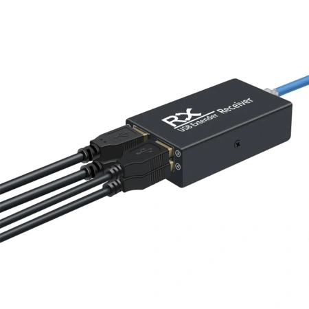 Адаптер - USB удлинитель по сетевому кабелю RJ45 до 200 метров для клавиатуры, мышки, камеры, принтера, комплект, черный