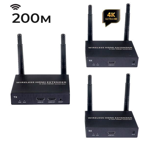 Удлинитель HDMI сигнала по Wi-Fi до 200 метров, UltraHD 4K, 1 приемник + 2 передатчика