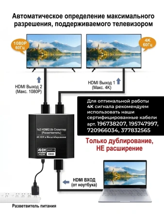 Сплиттер - разветвитель 1×2 HDMI 2.0b – 4K 60Гц, HDCP 2.2, HDR, Scaler (EDID), алюминий, черный