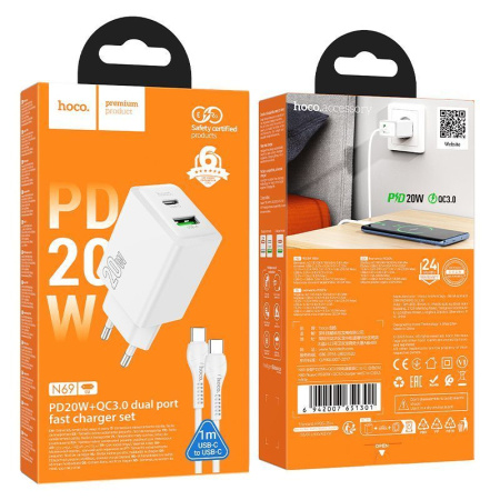 Зарядное устройство сетевое - блок питания HOCO N69 с кабелем, USB Type-C PD20W + USB QC3.0, белый