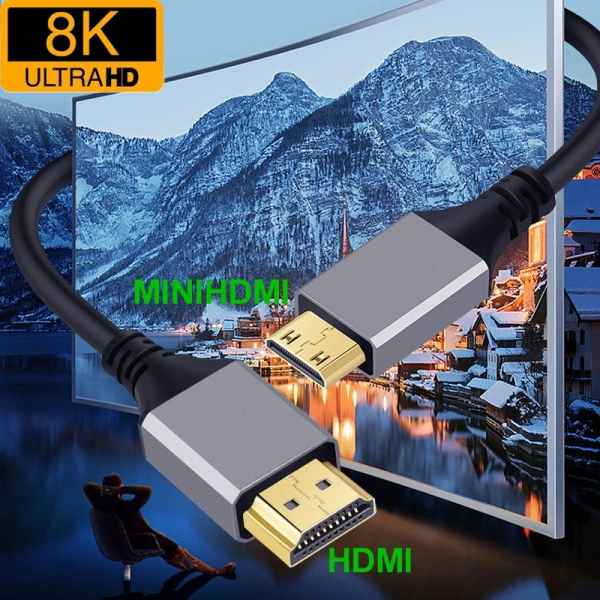 Кабель MiniHDMI - HDMI 2.1 8K60Hz, папа-папа, 1,5 метра, черный