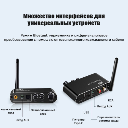 Аудио адаптер Hi-Fi T01 Bluetooth v5.1 приемник (RX) - оптика (Toslink/SPDIF) / AUX 3.5мм / USB, регулировка звука и тембра (treble/bass)