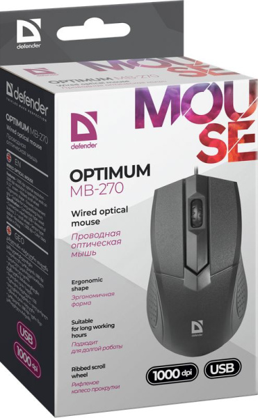 Мышь проводная оптическая Defender Optimum MB-270, 1000 dpi, черный