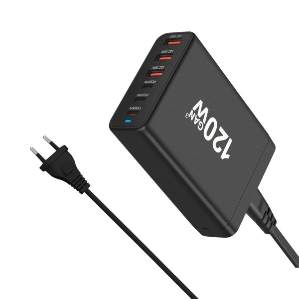 Настольное зарядное устройство - зарядная станция на 6 портов 120W USB-C / USB mod. 1006P120WB, быстрая зарядка, пластик, черный