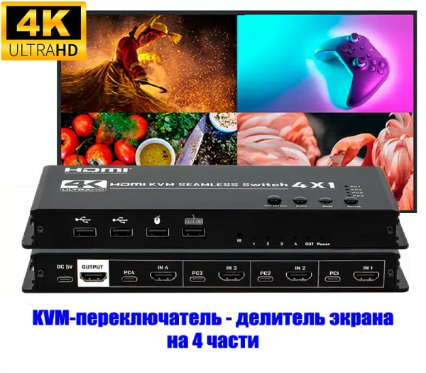 KVM-переключатель 4-х портовый HDMI 4K USB с функцией делителя экрана, черный