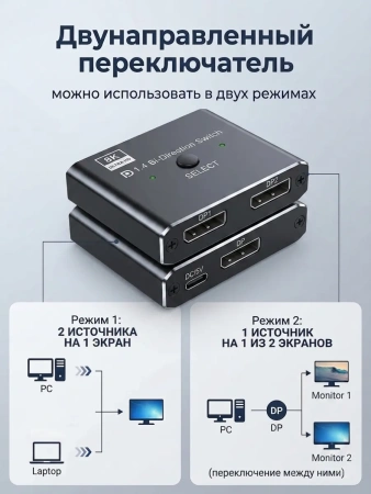 Переключатель-разветвитель (свитч-сплиттер) DisplayPort v1.4 – 2×1 Bi-Direction – 8K 60Гц / 4K 120Гц, 32.4 Гбит/с, алюминий