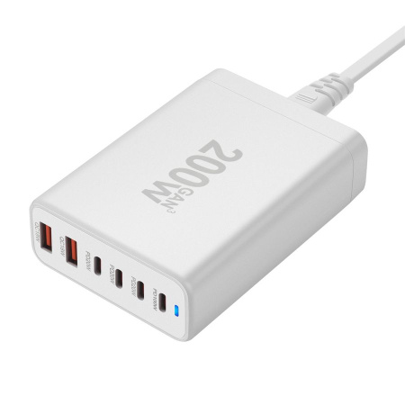 Настольное зарядное устройство - зарядная станция на 6 портов 200W USB-C / USB mod. 1006P200WW, быстрая зарядка, пластик, белый