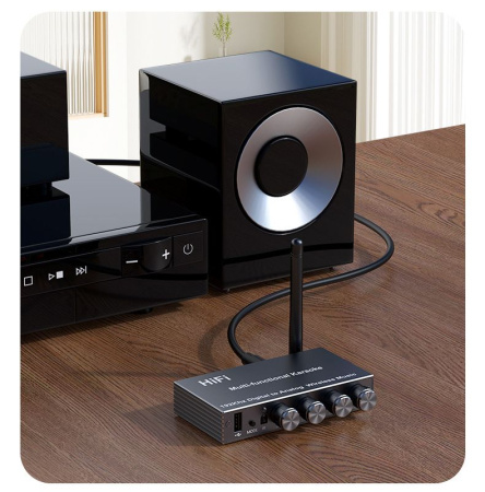Аудио адаптер Hi-Fi J200 приемник (RX) Bluetooth v5.4 - оптика (Toslink/SPDIF) / AUX 3.5мм / RCA / USB, функция караоке (MIC 6,35мм), регулировка звука, тембра и громкости микрофона, пульт ДУ