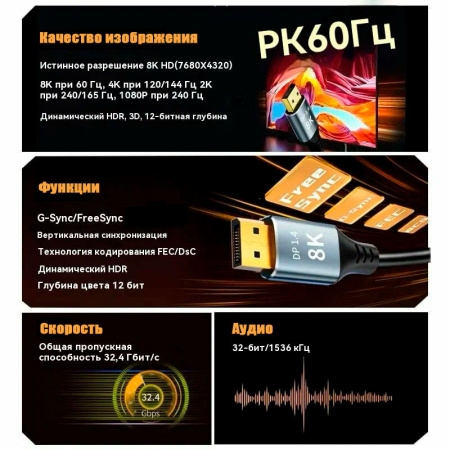 Кабель DisplayPort v1.4 (DP1.4) -8K 60Гц / 4K 144Гц / 2K 165Гц, поддержка HDR, 32.4 Гбит/с, 3 метра