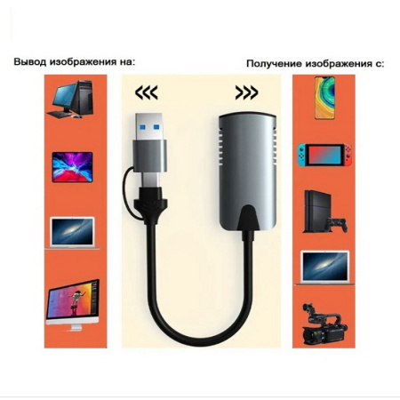 Карта видеозахвата USB3.1 Type-C / USB3.0 Type-A - HDMI, ver.02, серый
