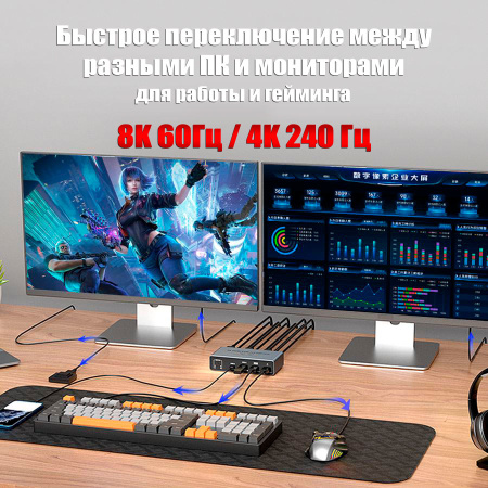 Адаптер - KVM-переключатель 2×2 HDMI v2.1 – 8K 60Гц / 4K 240 Гц, USB3.0, HDR, алюминий