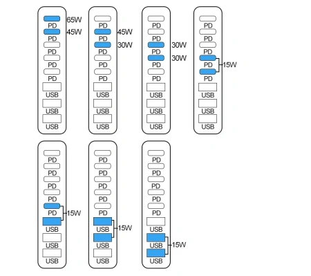 Настольное зарядное устройство - зарядная станция на 8 портов 600W USB-C / USB mod. 1006P200WB, быстрая зарядка, пластик, черный