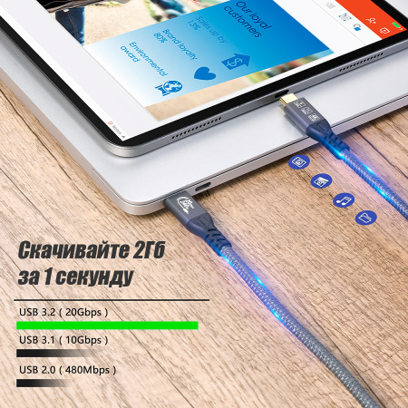 Кабель USB3.2 Type-C чип E-Marker, 4K 60Гц, PD 240W (48V/5A), 20 Гбит/с, экранирование, оплетка, 3 метра