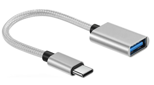 Адаптер - переходник OTG USB3.1 Type-C - USB3.0, тканев. кабель, серебро