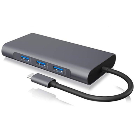 Адаптер - переходник - хаб 8in1 USB3.1 Type-C на HDMI - VGA - 3x USB3.0 - RJ45 (LAN) до 1000 Мбит/с - jack 3.5mm (AUX) - картридер SD, серый