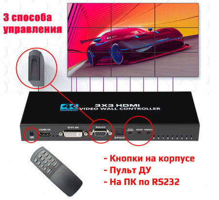Контроллер видеостены HDMI 4K UltraHD 3x3 до 9 экранов, RS232, SPDIF/Toslink, пульт ДУ