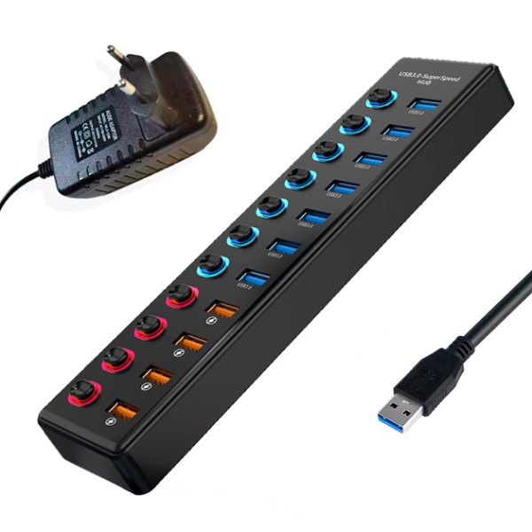 Хаб - концентратор USB3.0 11 портов mod. 611-10/1, до 5 Гбит/с, активный 12V с кнопками, быстрая зарядка, ABS-пластик