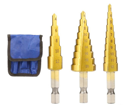 Набор ступенчатых сверл 3-12, 4-12, 4-20 мм с титановым покрытием по металлу, 3 штуки, золотой