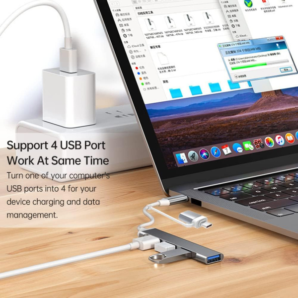 Адаптер - хаб USB3.1 Type-C/USB3.0 Type-A на USB3.0 - 3x USB2.0, серый