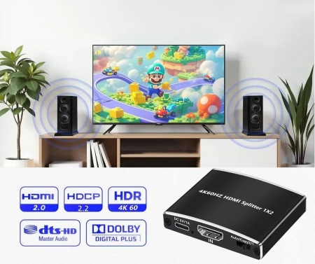 Cплиттер - разветвитель 1×2 HDMI 2.0 PRO UltraHD 4K 60Гц, 18.5 Гбит/c, поддержка HDCP2.2, HDR, EDID, 600MHz, черный