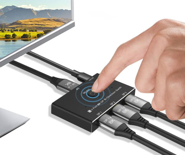 Переключатель-разветвитель (свитч-сплиттер) DisplayPort v1.4 – 3×1 Bi-Direction 8K 30Гц / 4K 144Гц, черный