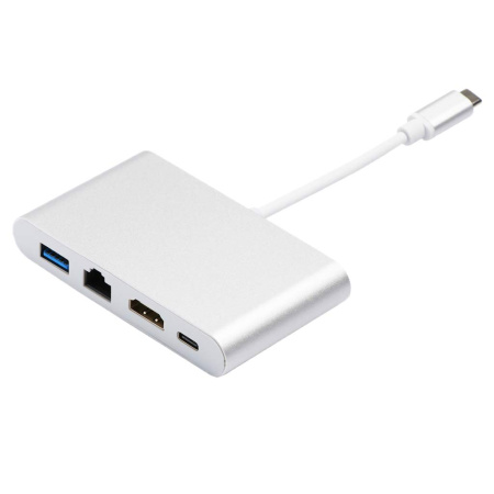 Адаптер - переходник - хаб 4in1 USB3.1 Type-C на HDMI - USB3.0 - USB3.1 Type-C - RJ45 (LAN) до 100 Мбит/с, серебро