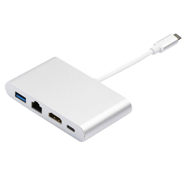 Адаптер - переходник - хаб 4in1 USB3.1 Type-C на HDMI - USB3.0 - USB3.1 Type-C - RJ45 (LAN) до 100 Мбит/с, серебро