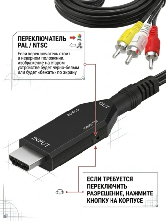 Кабель - переходник HDMI на RCA (AV) ver.02, черный
