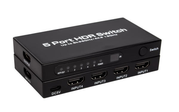 Адаптер - переключатель - свитч 5×1 HDMI 2.1 UltraHD 8K 60Гц, HDCP 2.3, пульт ДУ, активный, черный