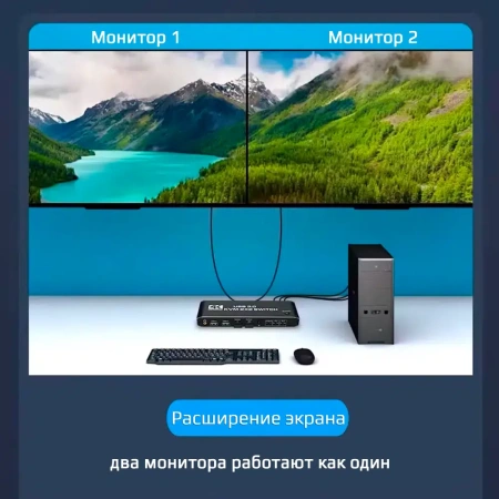 KVM-переключатель 2х2 HDMI 4K USB3.0, для двух мониторов, черный