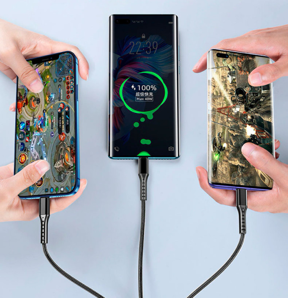 Универсальный зарядный кабель 3-в-1 USB Type-C - Lightning - MicroUSB, 3.1А, 1.2 метра, черный