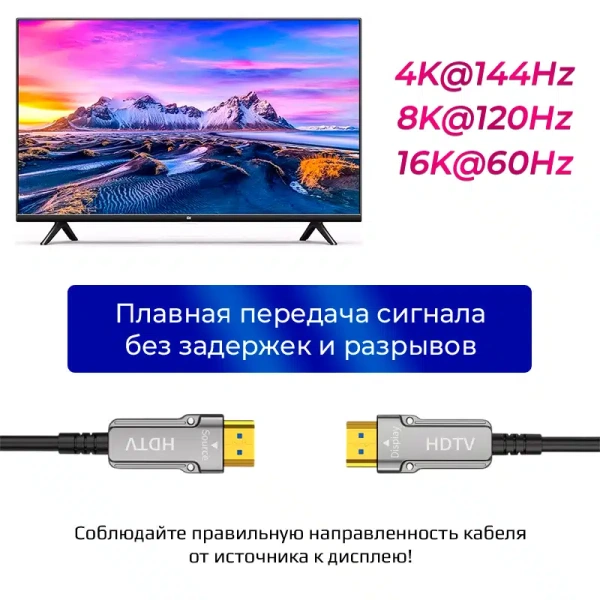 Кабель оптический HDMI v2.2 UltraHD 16K 60Гц / 8K 120Гц / 4K 144Гц, поддержка HDR, ARC, 96 Гбит/с, 20 метров, черный
